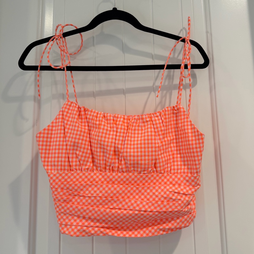 Zara Orange Gingham Plaid Cropped Tie Top